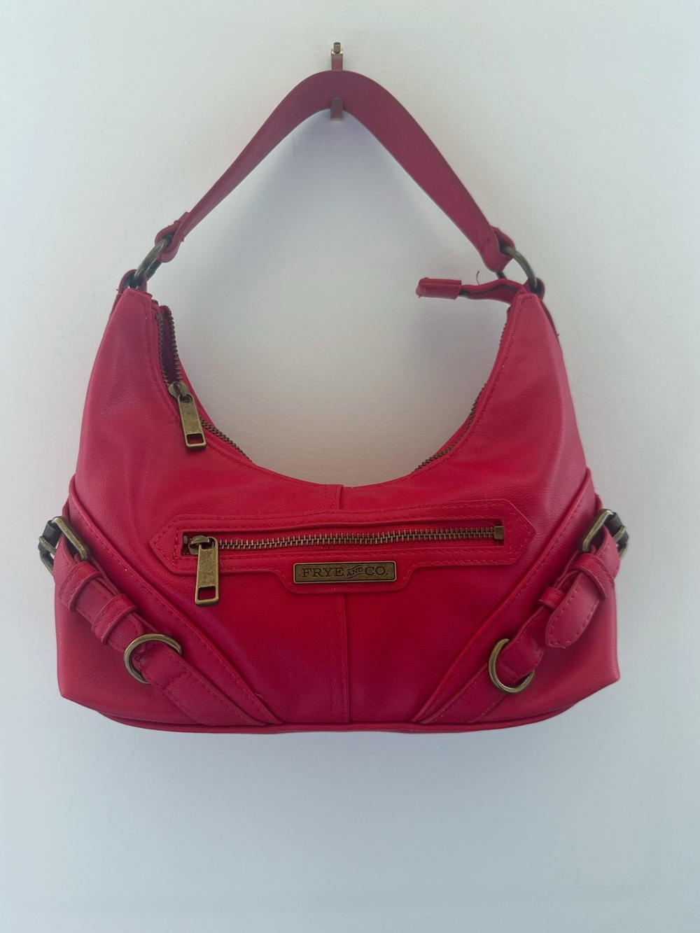 Frye & Co. Tinsley Buckle Baguette Crescent Bag in Red Zip Top Western